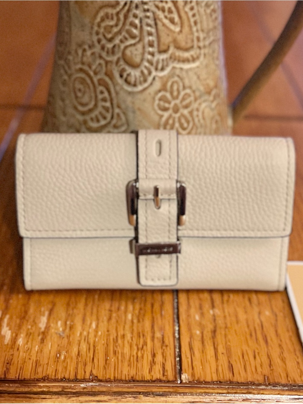 Michael Kors Nolita Medium Flap Pebbled Leather Tri-Fold Wallet Light Sand